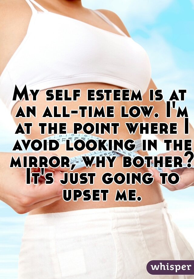 My self esteem is at an all-time low. I'm at the point where I avoid looking in the mirror, why bother? It's just going to upset me.