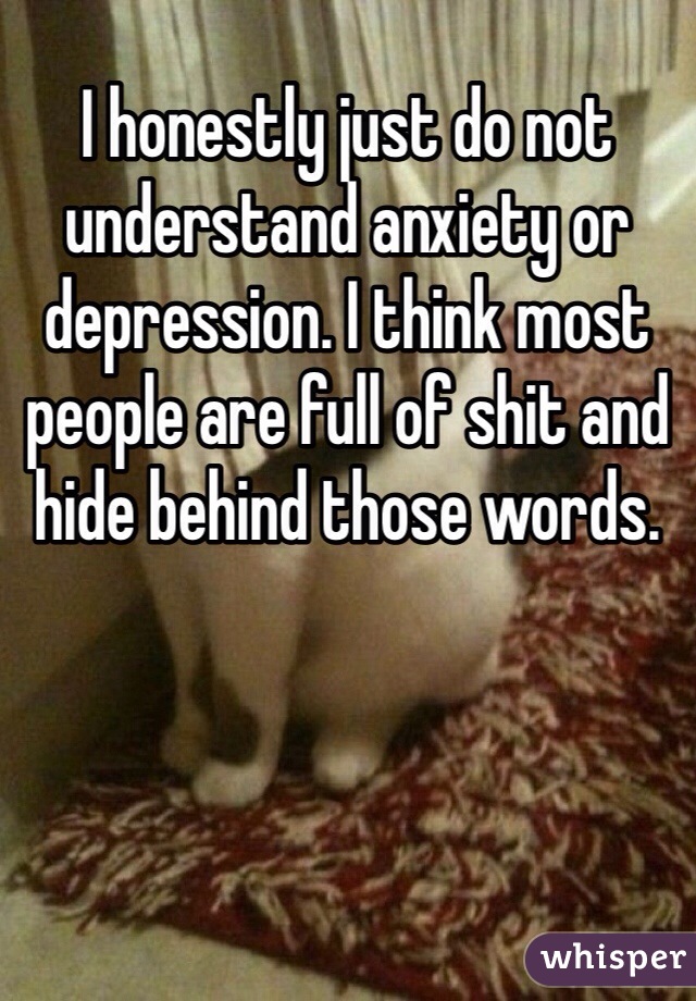 I honestly just do not understand anxiety or depression. I think most people are full of shit and hide behind those words.