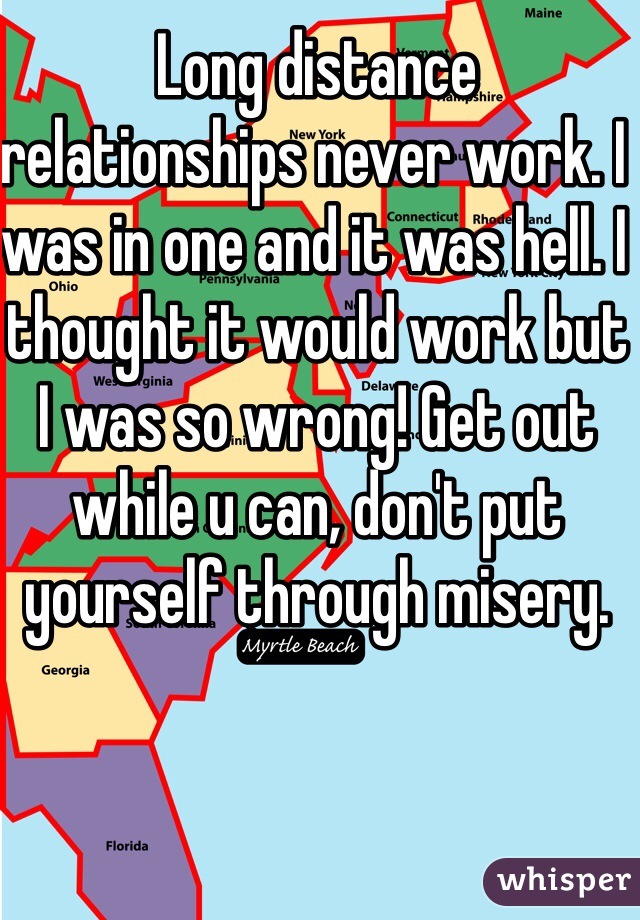 Long distance relationships never work. I was in one and it was hell. I thought it would work but I was so wrong! Get out while u can, don't put yourself through misery.
