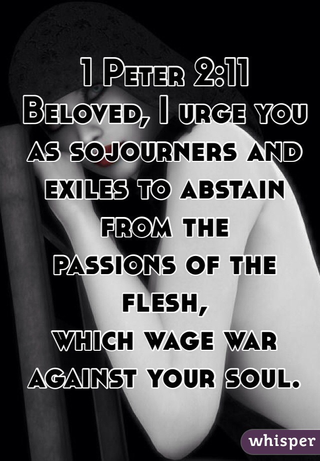 1 Peter 2:11 
Beloved, I urge you as sojourners and exiles to abstain from the 
passions of the flesh,  
which wage war 
against your soul.