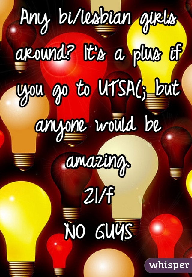 Any bi/lesbian girls around? It's a plus if you go to UTSA(; but anyone would be amazing. 
21/f
NO GUYS 