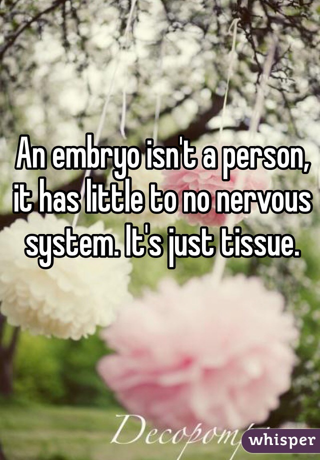 An embryo isn't a person, it has little to no nervous system. It's just tissue.