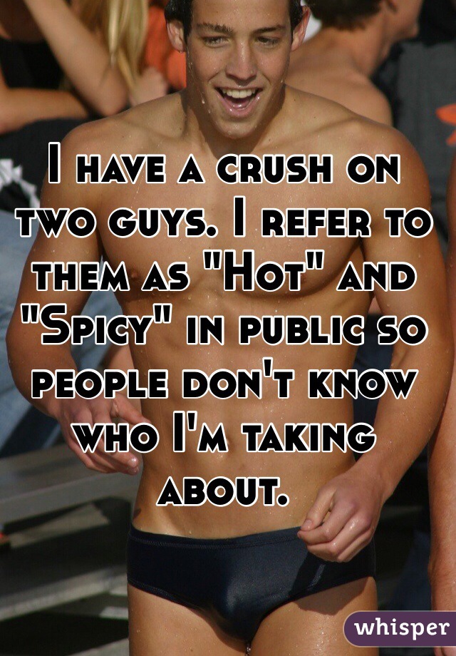 I have a crush on two guys. I refer to them as "Hot" and "Spicy" in public so people don't know who I'm taking about. 