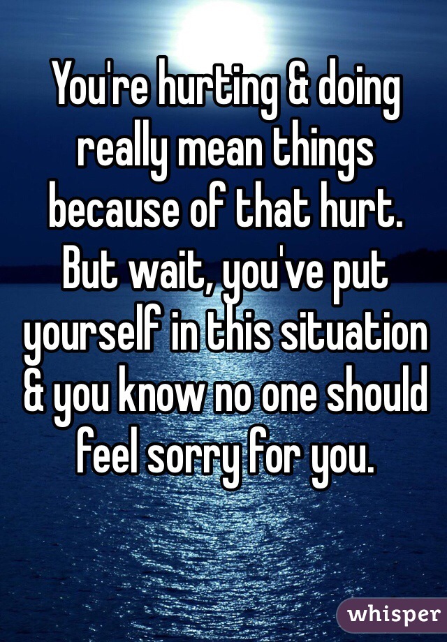 You're hurting & doing really mean things because of that hurt.
But wait, you've put yourself in this situation & you know no one should feel sorry for you.