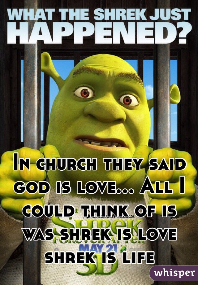 In church they said god is love... All I could think of is was shrek is love shrek is life