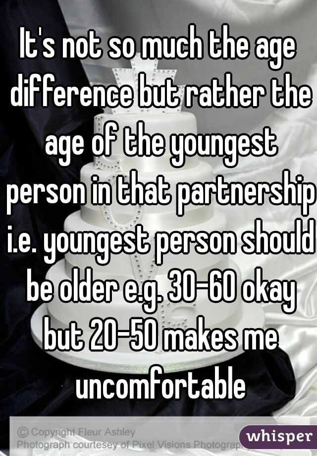 It's not so much the age difference but rather the age of the youngest person in that partnership i.e. youngest person should be older e.g. 30-60 okay but 20-50 makes me uncomfortable