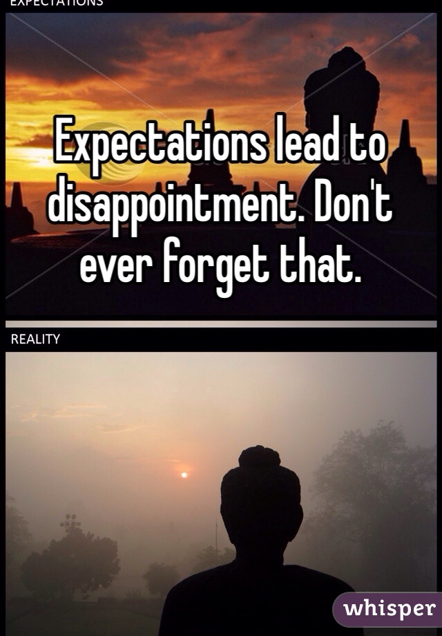 Expectations lead to disappointment. Don't ever forget that. 