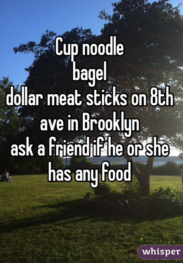 Cup noodle
bagel
dollar meat sticks on 8th ave in Brooklyn
ask a friend if he or she has any food