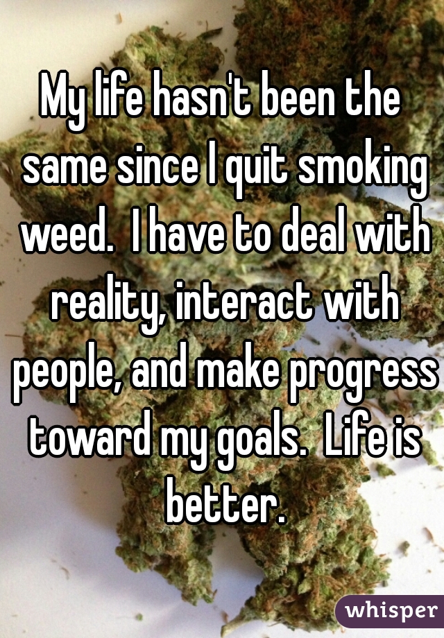 My life hasn't been the same since I quit smoking weed.  I have to deal with reality, interact with people, and make progress toward my goals.  Life is better.