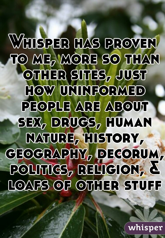 Whisper has proven to me, more so than other sites, just how uninformed people are about sex, drugs, human nature, history, geography, decorum, politics, religion, & loafs of other stuff