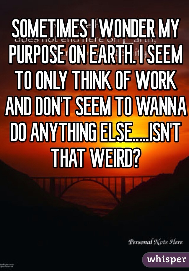 SOMETIMES I WONDER MY PURPOSE ON EARTH. I SEEM TO ONLY THINK OF WORK AND DON'T SEEM TO WANNA DO ANYTHING ELSE.....ISN'T THAT WEIRD?
