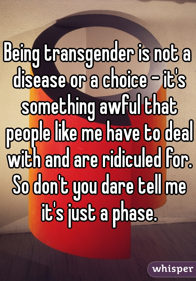 Being transgender is not a disease or a choice - it's something awful that people like me have to deal with and are ridiculed for. So don't you dare tell me it's just a phase.