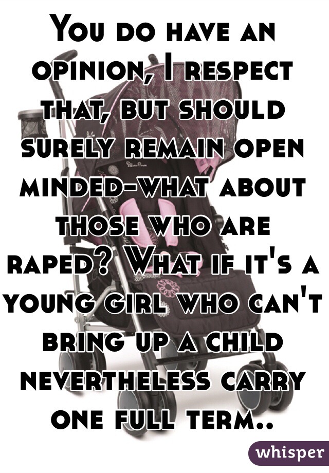 You do have an opinion, I respect that, but should surely remain open minded-what about those who are raped? What if it's a young girl who can't bring up a child nevertheless carry one full term..