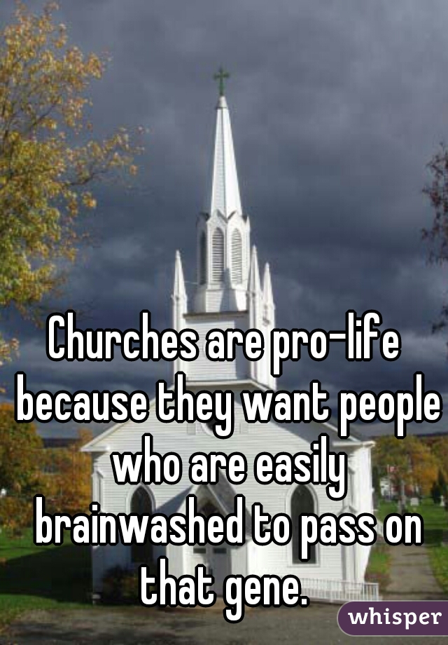 Churches are pro-life because they want people who are easily brainwashed to pass on that gene. 