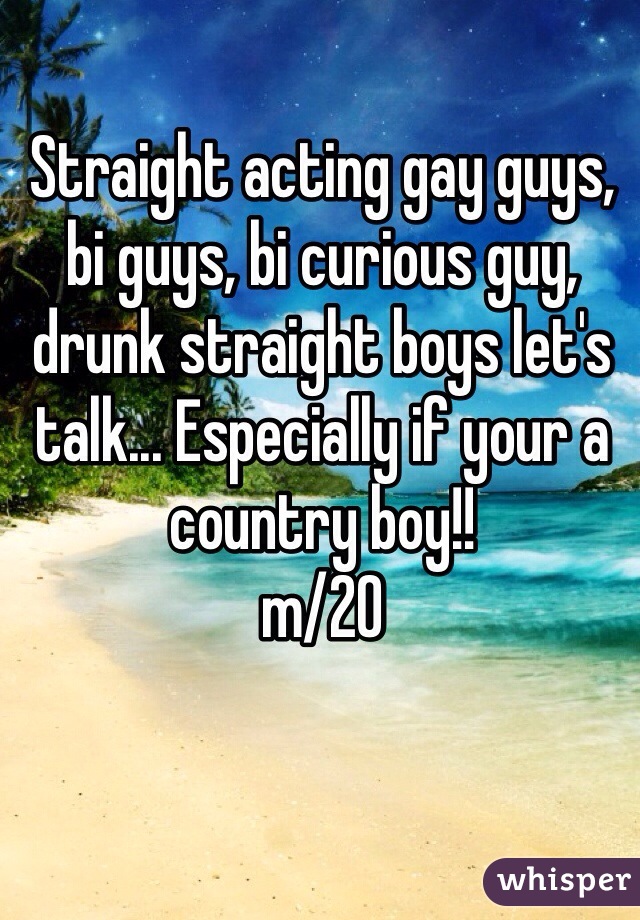 Straight acting gay guys, bi guys, bi curious guy, drunk straight boys let's talk... Especially if your a country boy!! 
m/20
