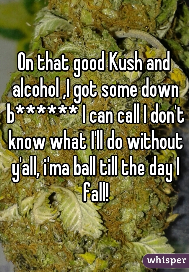 On that good Kush and alcohol ,I got some down b****** I can call I don't know what I'll do without y'all, i'ma ball till the day I fall!