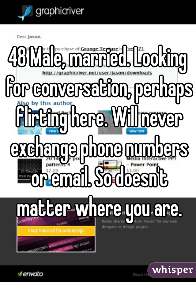 48 Male, married. Looking for conversation, perhaps flirting here. Will never exchange phone numbers or email. So doesn't matter where you are.