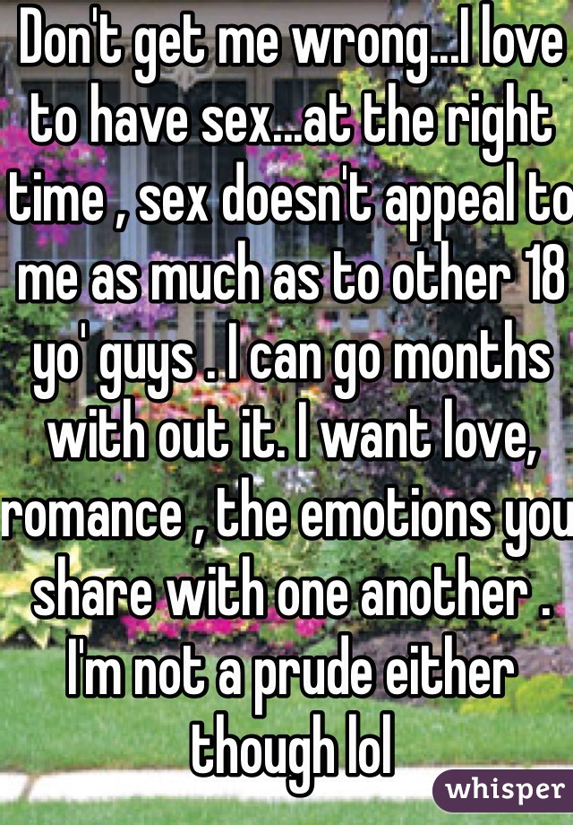 Don't get me wrong...I love to have sex...at the right time , sex doesn't appeal to me as much as to other 18 yo' guys . I can go months with out it. I want love, romance , the emotions you share with one another . I'm not a prude either though lol