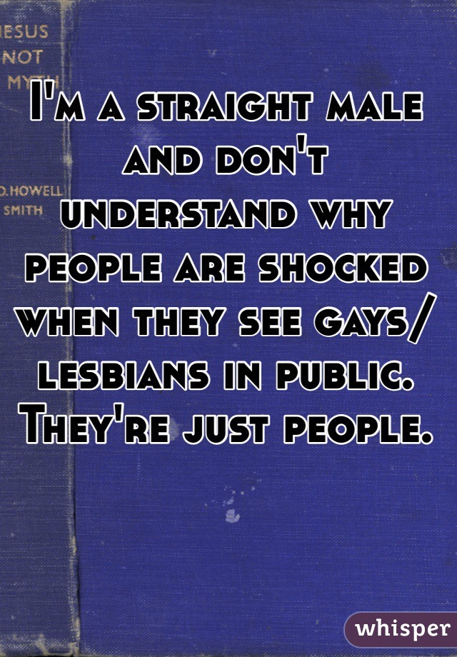 I'm a straight male and don't understand why people are shocked when they see gays/lesbians in public. They're just people.