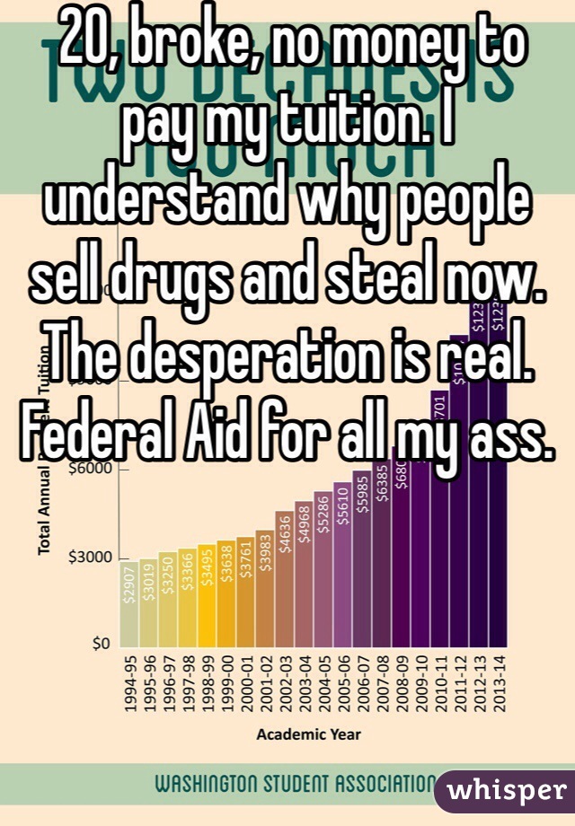  20, broke, no money to pay my tuition. I understand why people sell drugs and steal now. The desperation is real. Federal Aid for all my ass. 