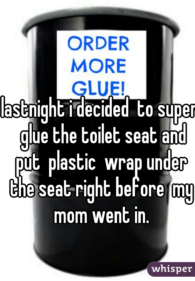lastnight i decided  to super  glue the toilet seat and put  plastic  wrap under the seat right before  my mom went in.