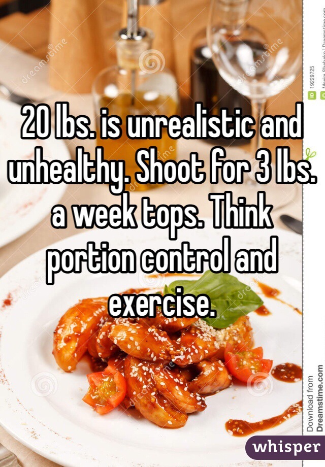 20 lbs. is unrealistic and 
unhealthy. Shoot for 3 lbs.
a week tops. Think 
portion control and 
exercise. 