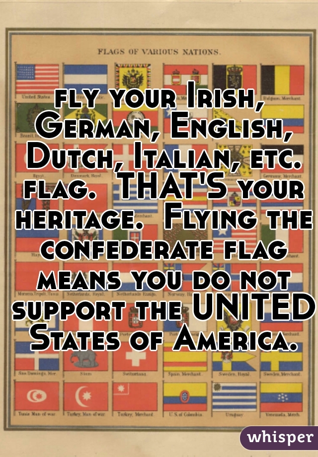 fly your Irish, German, English, Dutch, Italian, etc. flag.  THAT'S your heritage.  Flying the confederate flag means you do not support the UNITED States of America.