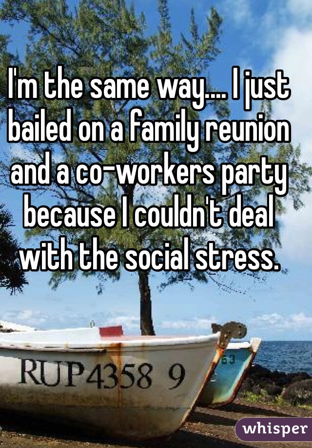 I'm the same way.... I just bailed on a family reunion and a co-workers party because I couldn't deal with the social stress.