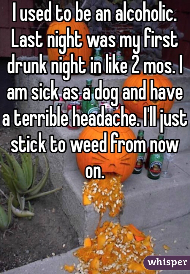 I used to be an alcoholic. Last night was my first drunk night in like 2 mos. I am sick as a dog and have a terrible headache. I'll just stick to weed from now on.
