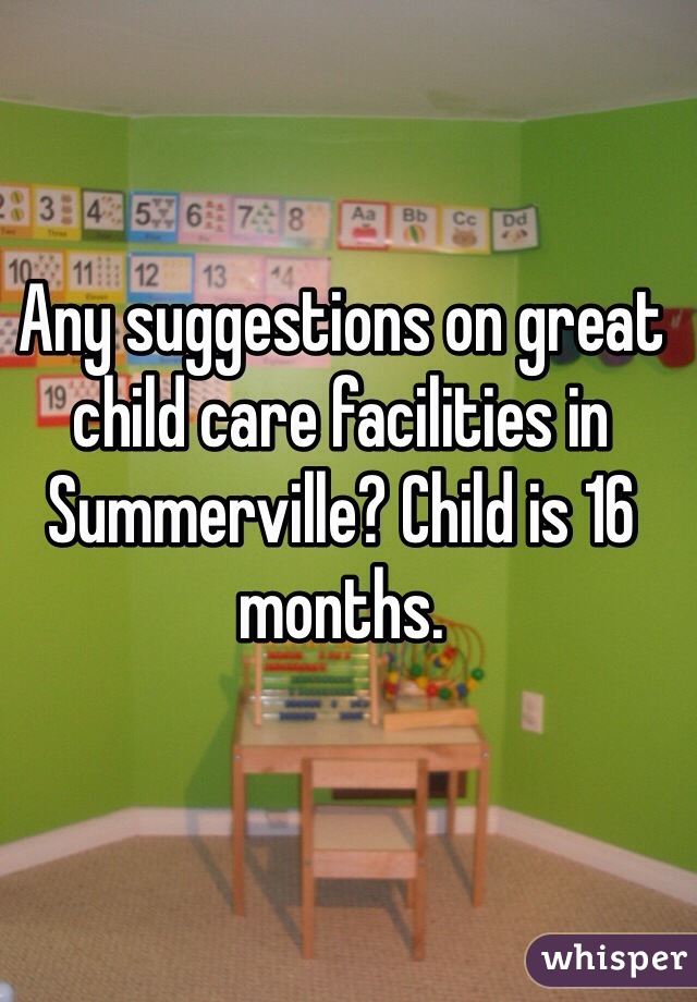 Any suggestions on great child care facilities in Summerville? Child is 16 months. 