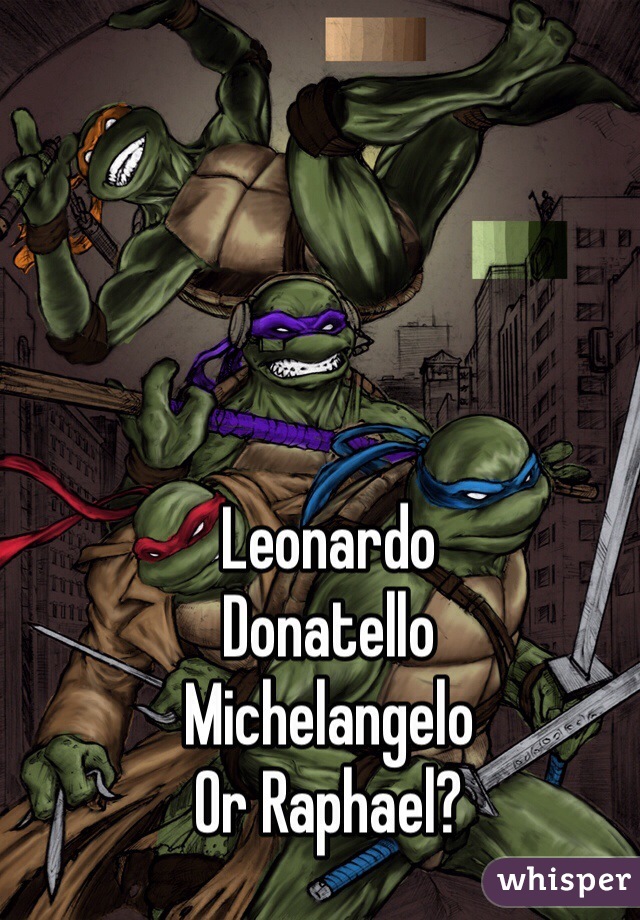 Leonardo
Donatello
Michelangelo
Or Raphael?