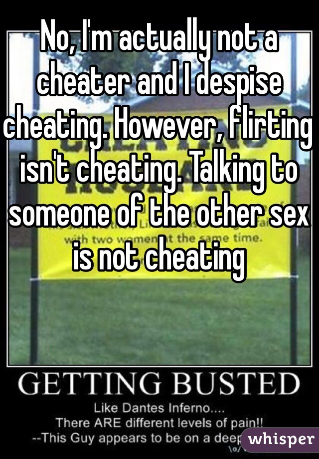 No, I'm actually not a cheater and I despise cheating. However, flirting isn't cheating. Talking to someone of the other sex is not cheating