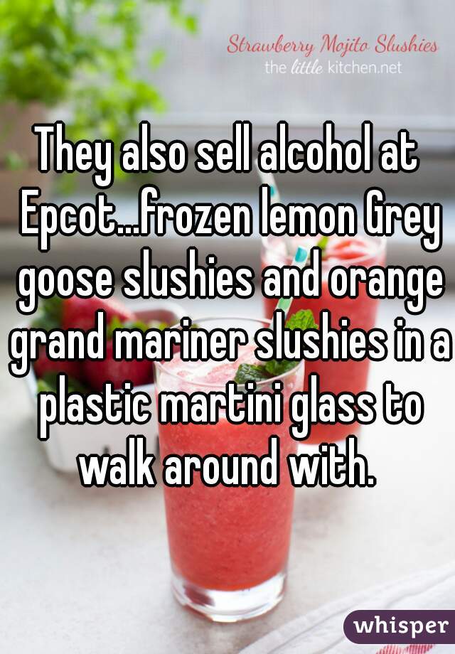 They also sell alcohol at Epcot...frozen lemon Grey goose slushies and orange grand mariner slushies in a plastic martini glass to walk around with. 