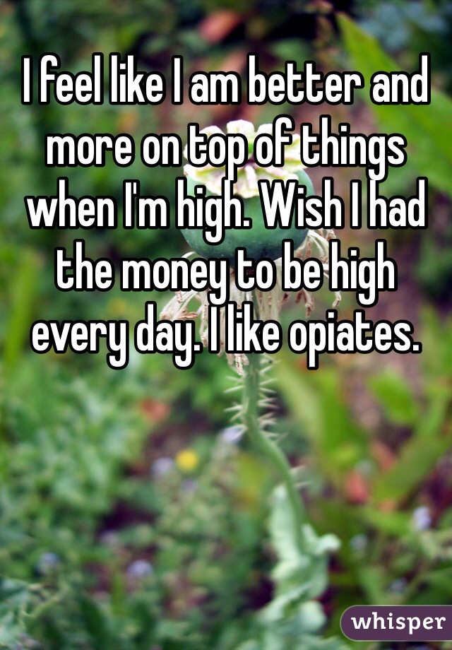 I feel like I am better and more on top of things when I'm high. Wish I had the money to be high every day. I like opiates. 