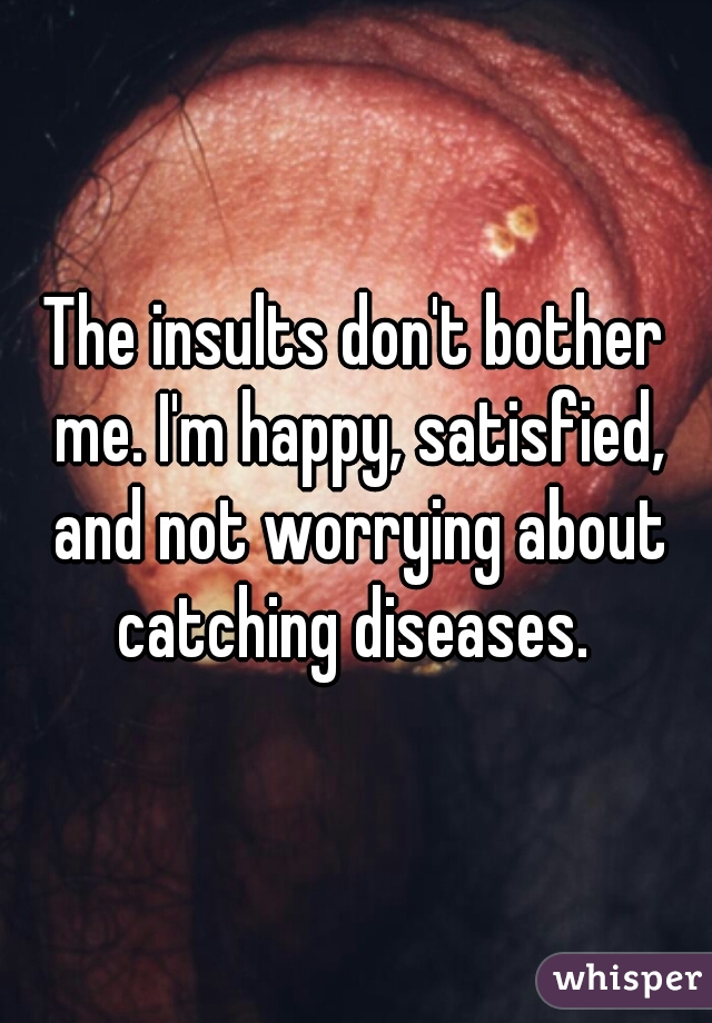 The insults don't bother me. I'm happy, satisfied, and not worrying about catching diseases. 