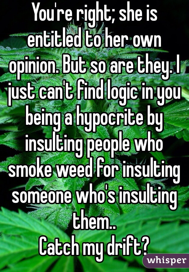 You're right; she is entitled to her own opinion. But so are they. I just can't find logic in you being a hypocrite by insulting people who smoke weed for insulting someone who's insulting them.. 
Catch my drift?