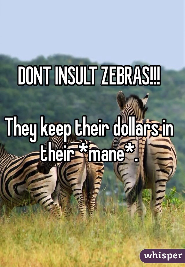 DONT INSULT ZEBRAS!!!

They keep their dollars in their *mane*.