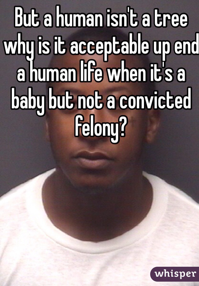 But a human isn't a tree why is it acceptable up end a human life when it's a baby but not a convicted felony? 