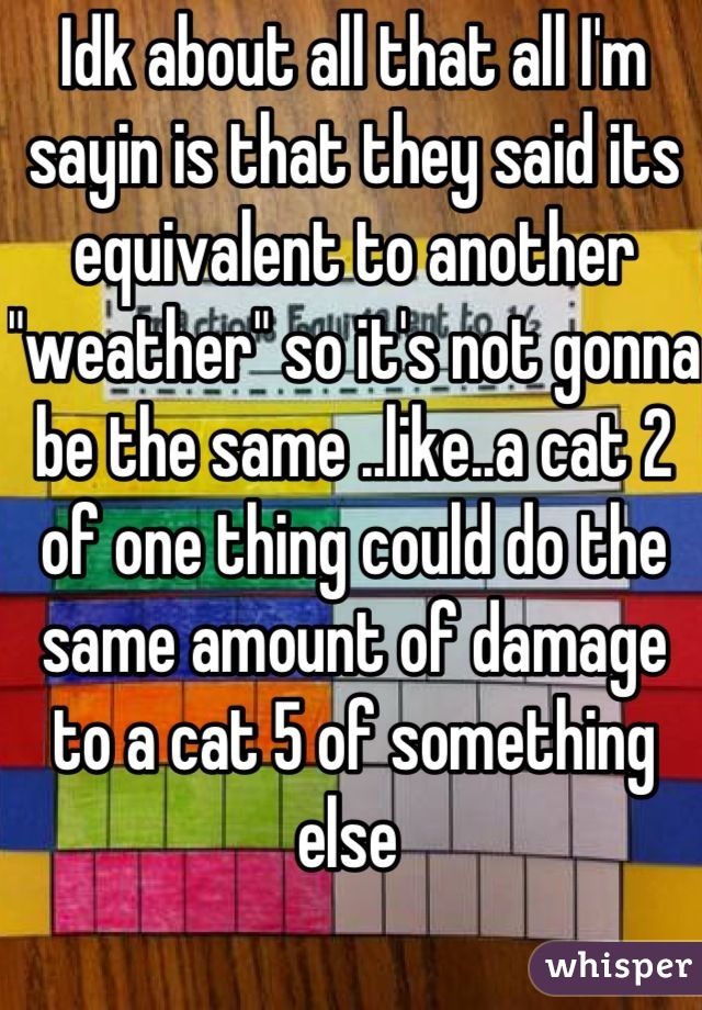 Idk about all that all I'm sayin is that they said its equivalent to another "weather" so it's not gonna be the same ..like..a cat 2 of one thing could do the same amount of damage to a cat 5 of something else 