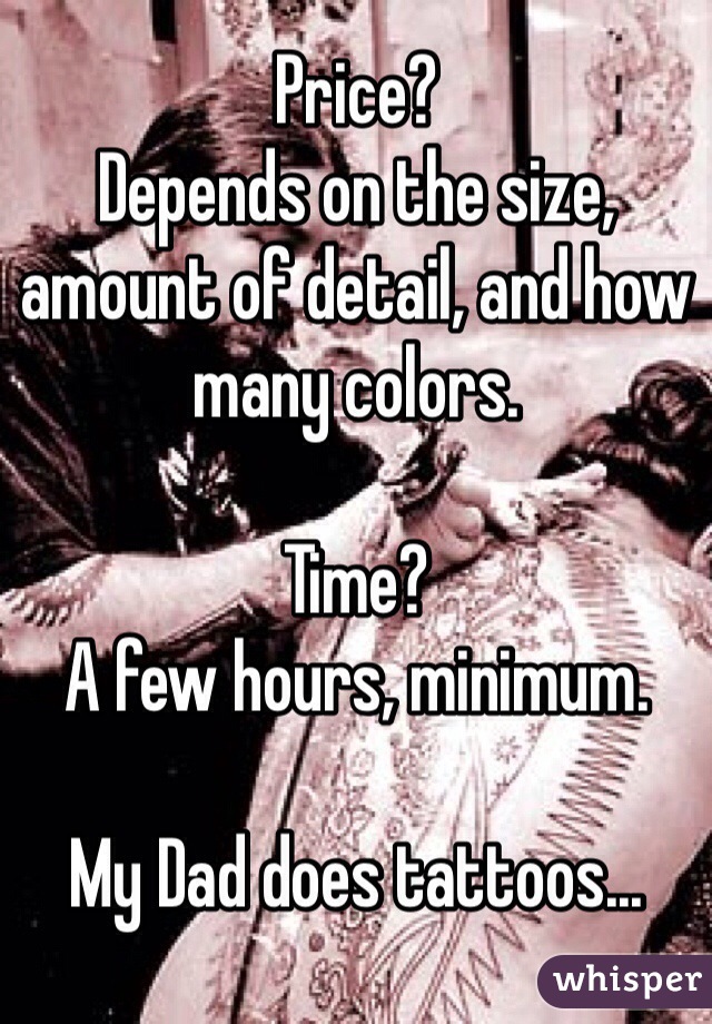 Price?
Depends on the size, amount of detail, and how many colors. 

Time?
A few hours, minimum. 

My Dad does tattoos...  