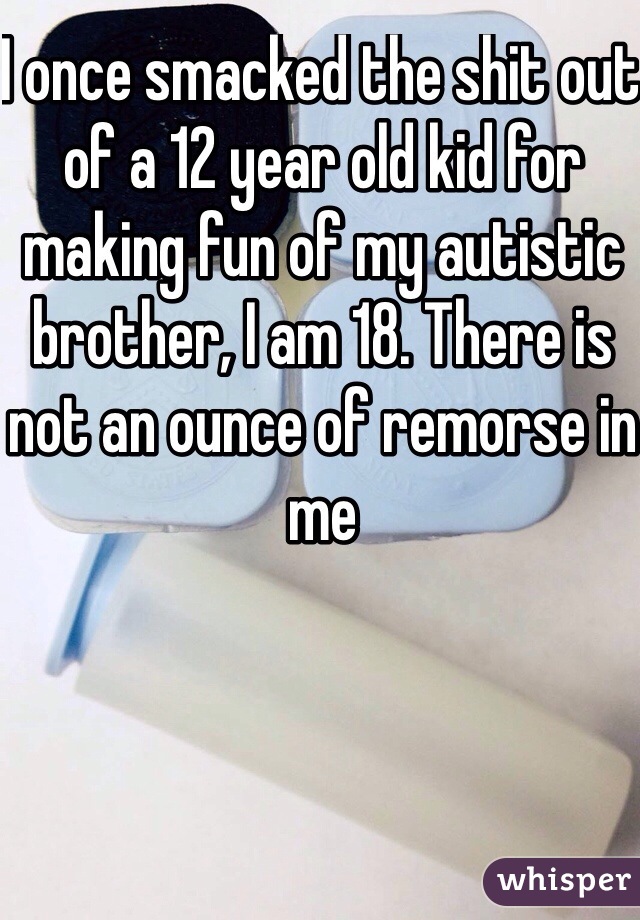 I once smacked the shit out of a 12 year old kid for making fun of my autistic brother, I am 18. There is not an ounce of remorse in me