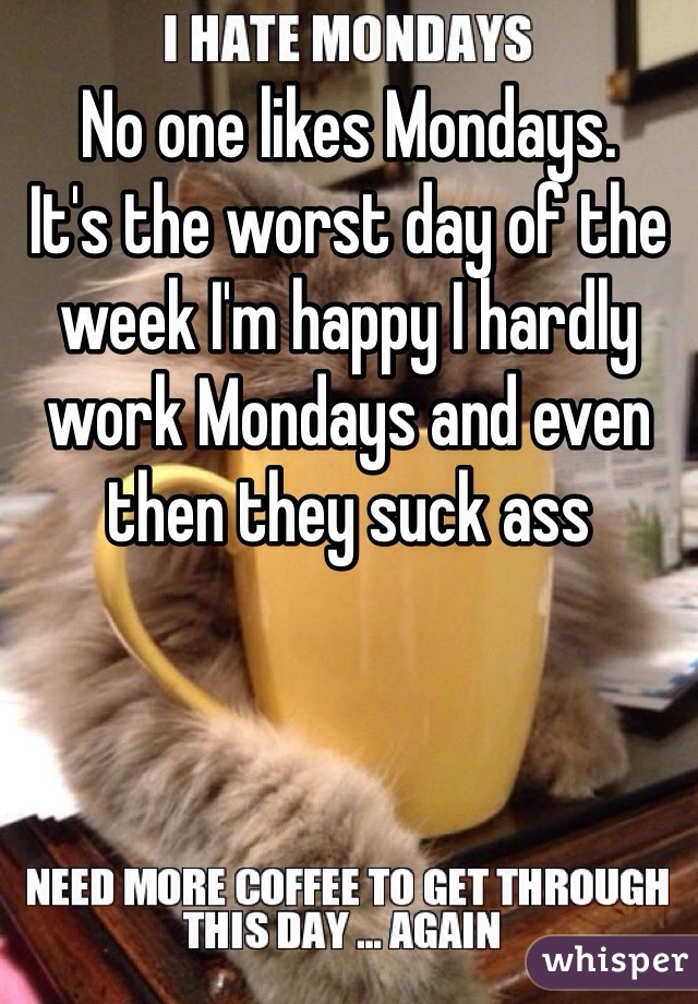 No one likes Mondays. 
It's the worst day of the week I'm happy I hardly work Mondays and even then they suck ass