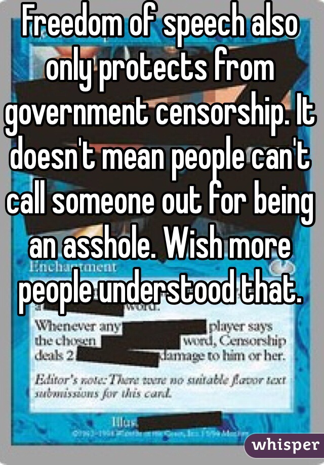 Freedom of speech also only protects from government censorship. It doesn't mean people can't call someone out for being an asshole. Wish more people understood that. 