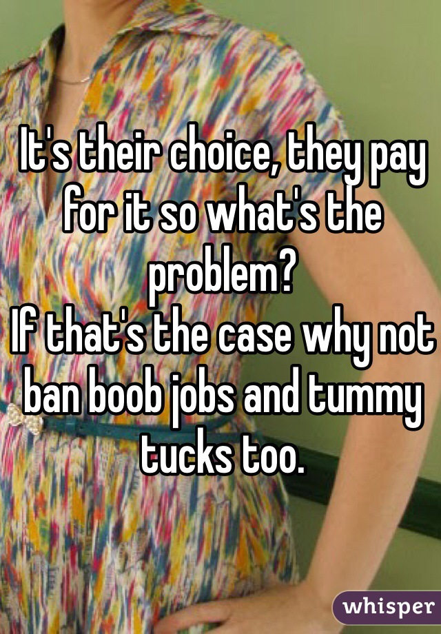 It's their choice, they pay for it so what's the problem?
If that's the case why not ban boob jobs and tummy tucks too. 