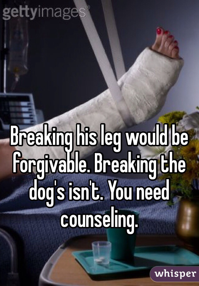 


Breaking his leg would be forgivable. Breaking the dog's isn't. You need counseling. 