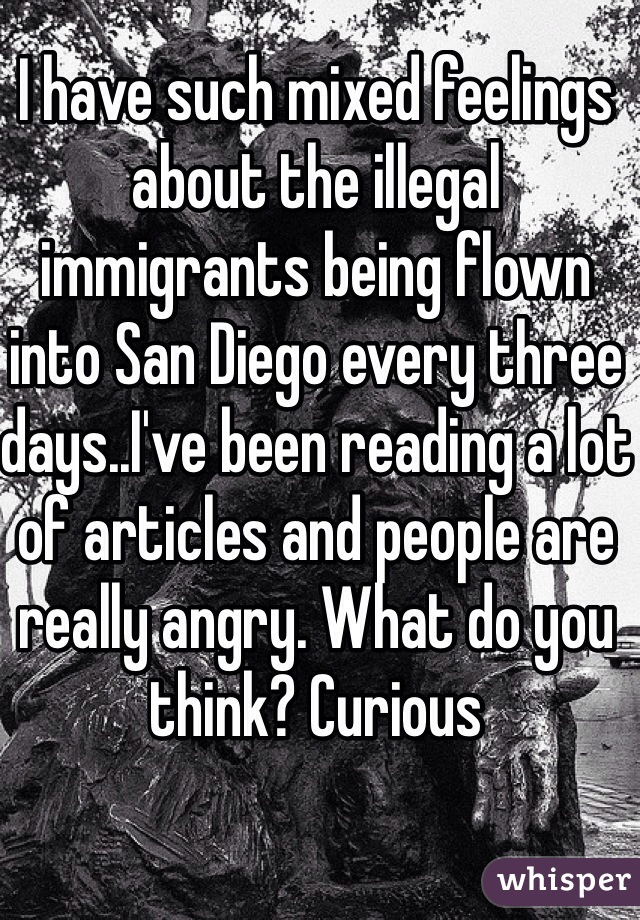 I have such mixed feelings about the illegal immigrants being flown into San Diego every three days..I've been reading a lot of articles and people are really angry. What do you think? Curious  