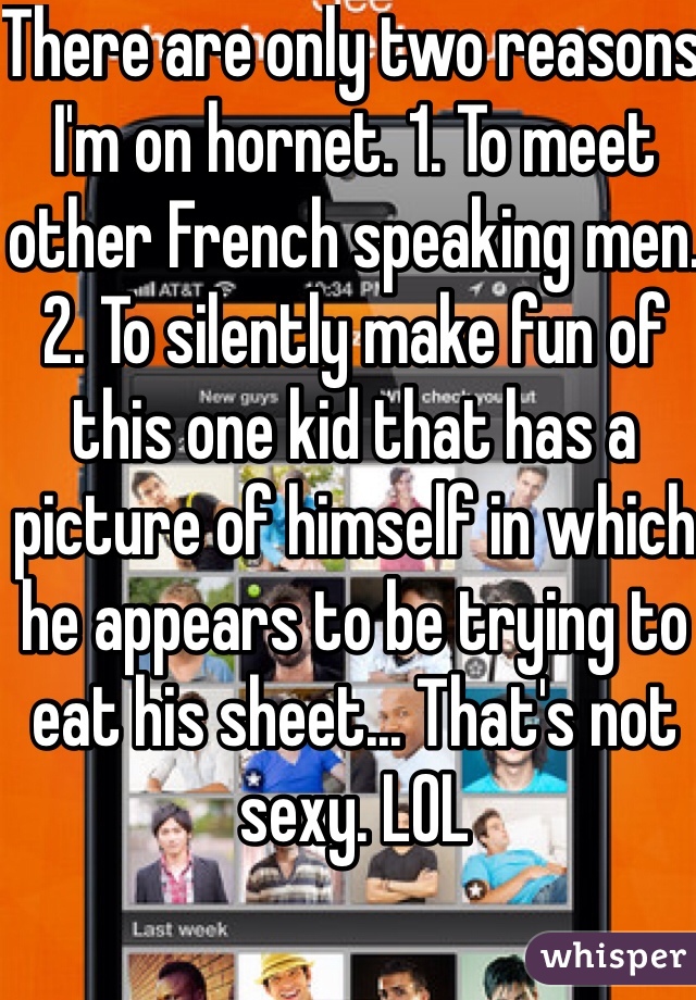 There are only two reasons I'm on hornet. 1. To meet other French speaking men. 2. To silently make fun of this one kid that has a picture of himself in which he appears to be trying to eat his sheet... That's not sexy. LOL