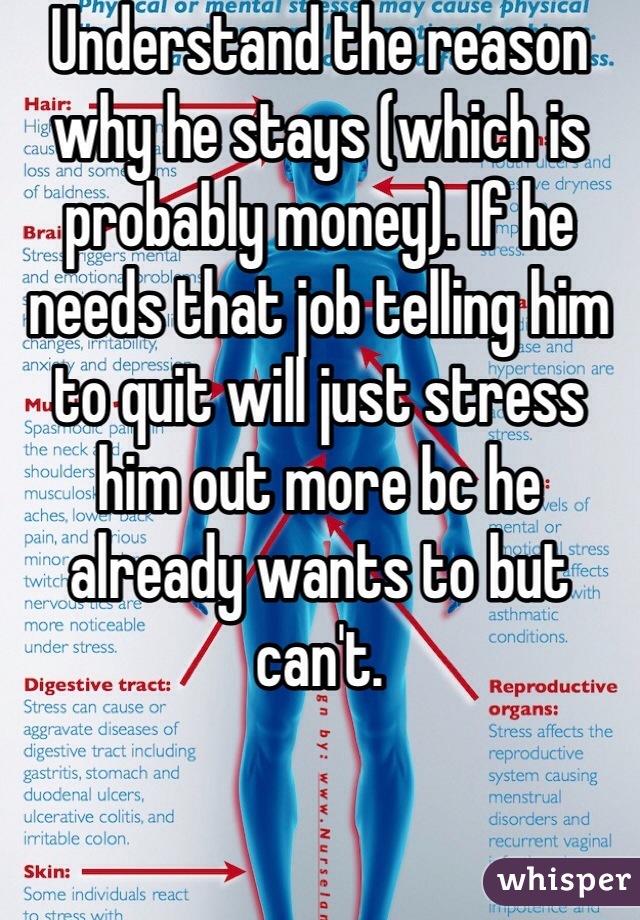 Understand the reason why he stays (which is probably money). If he needs that job telling him to quit will just stress him out more bc he already wants to but can't. 