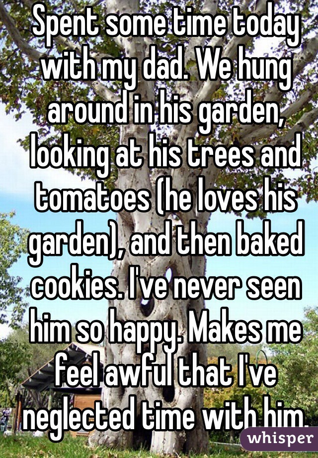 Spent some time today with my dad. We hung around in his garden, looking at his trees and tomatoes (he loves his garden), and then baked cookies. I've never seen him so happy. Makes me feel awful that I've neglected time with him. 