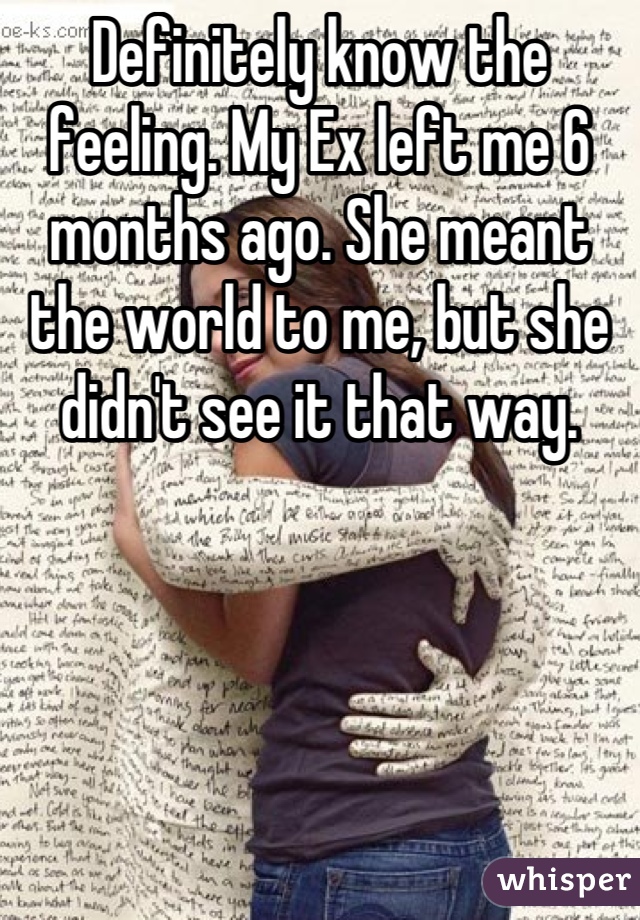 Definitely know the feeling. My Ex left me 6 months ago. She meant the world to me, but she didn't see it that way.